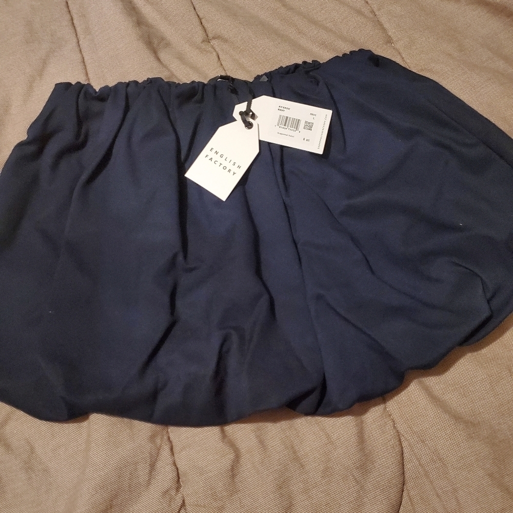 NWT English Factory Balloon Mini Skirt Navy Blue Bubble Hem Size L W/Pockets - Picture 4 of 4